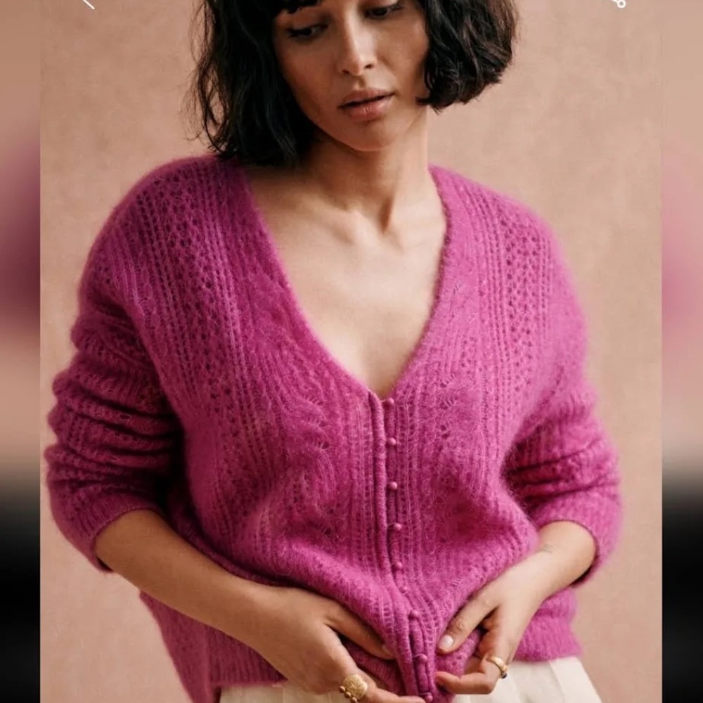 Sezane Fuchsia Pink Mohair-Blend Button Cardigan
